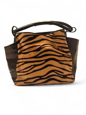 Tiger cheetah-Striped Alexandra Knight Fur Hair Shoulder Tote Black Leather